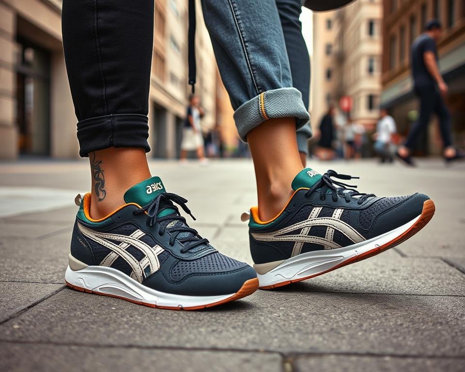 ASICS lifestyle sneakers shown in an urban setting with casual styling