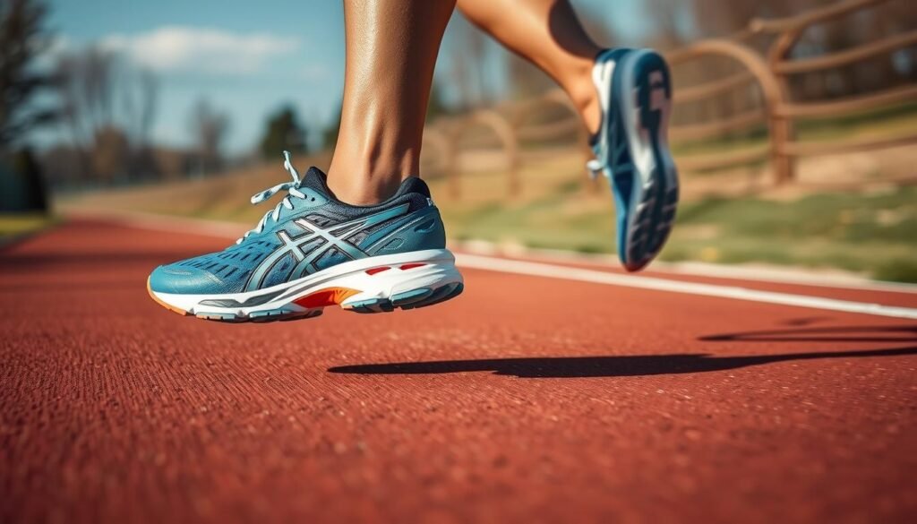 ASICS running shoes displayed in action on a running track with a runner in motion