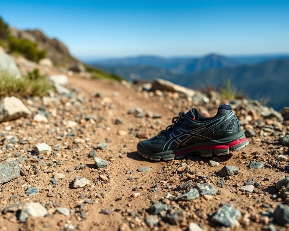 ASICS trail running shoes shown in an outdoor mountain trail setting