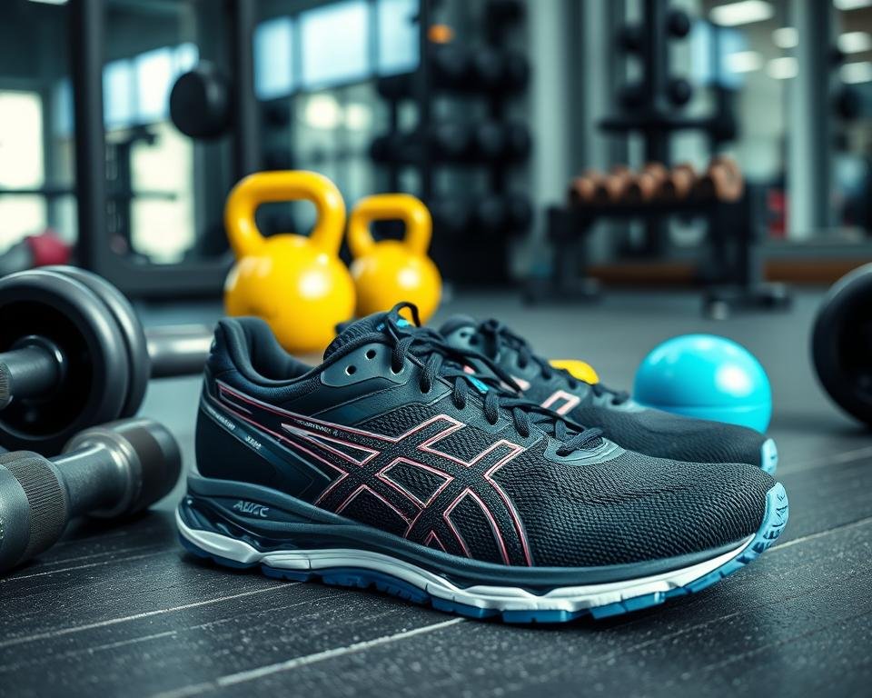ASICS training shoes shown in a gym setting with fitness equipment