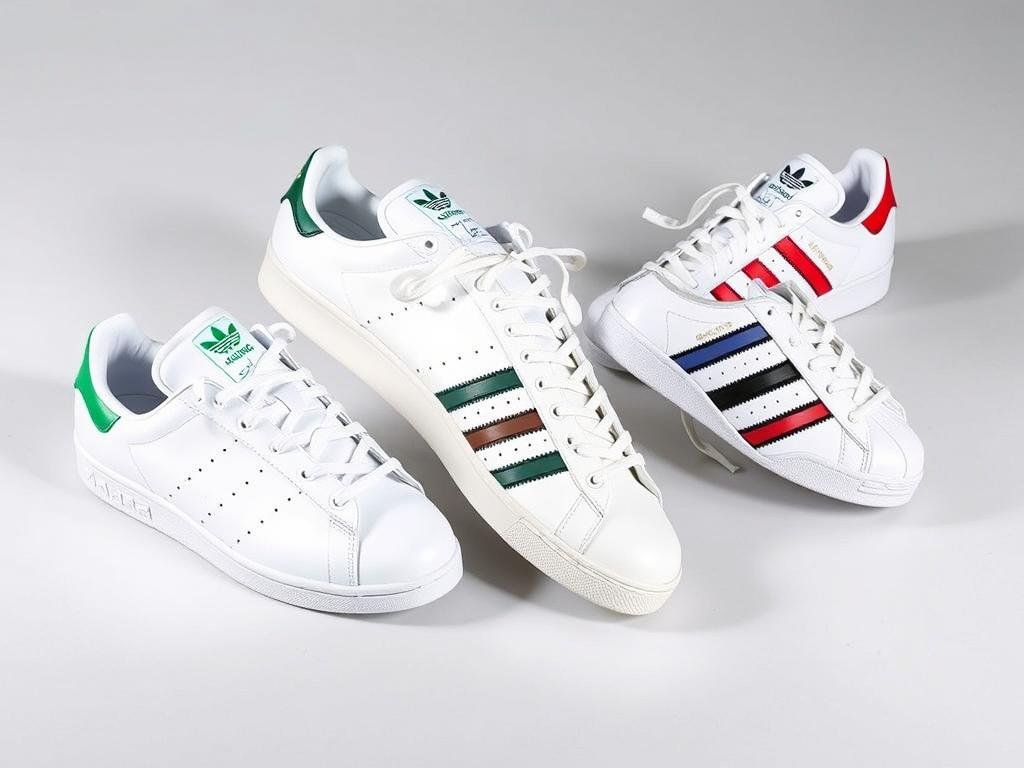 Adidas Originals shoes including Stan Smith, Superstar, and Gazelle models displayed together
