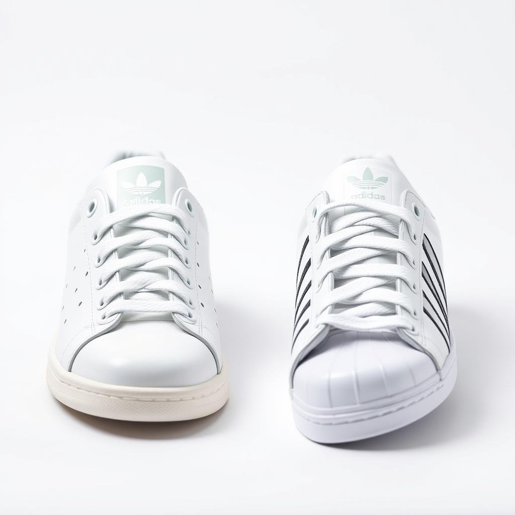 Adidas Stan Smith and Superstar men's shoes side by side showing iconic designs