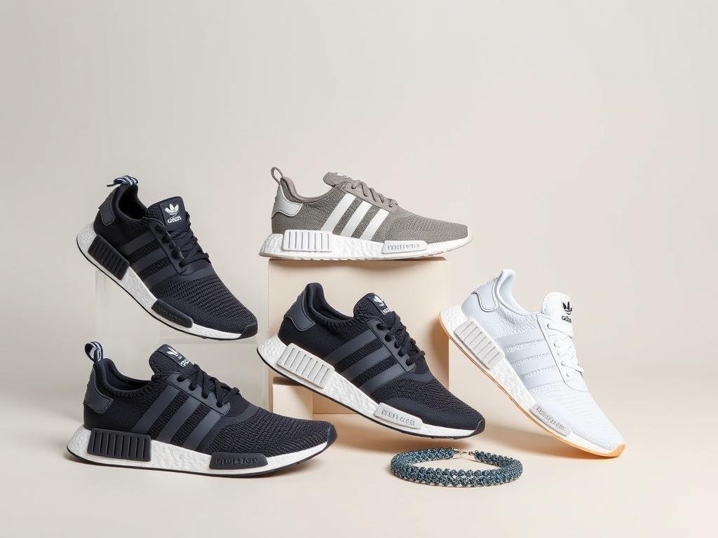 Adidas lifestyle shoes including NMD, Swift Run, and Grand Court models arranged stylishly