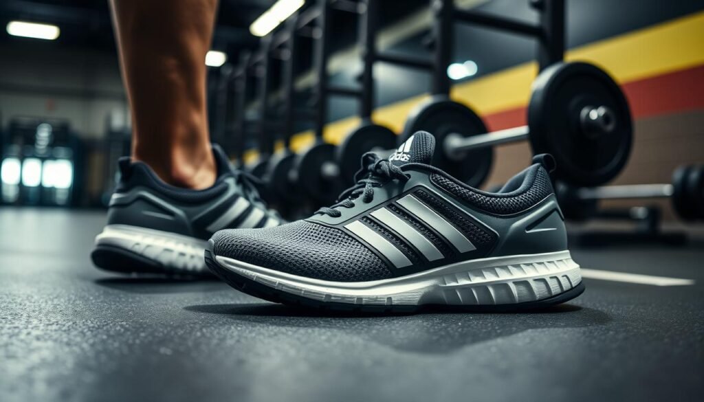 Adidas men's training shoes shown in gym setting with weights