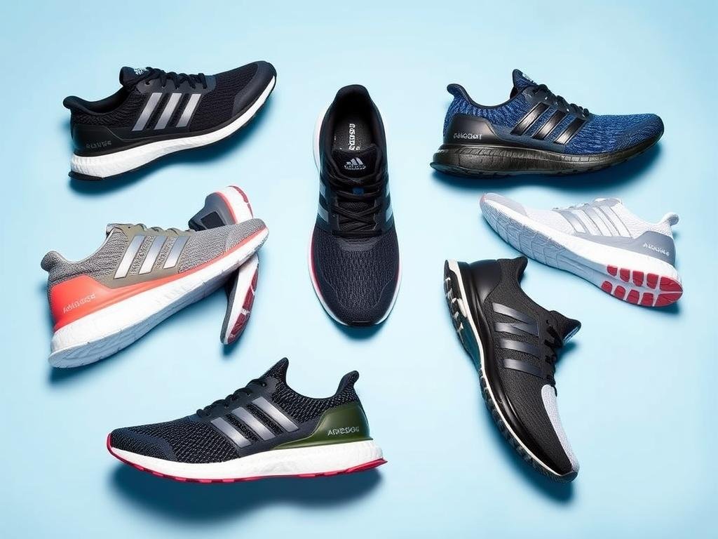 Adidas running shoes featuring Ultraboost, Supernova, and Adizero models showing their distinctive soles and uppers