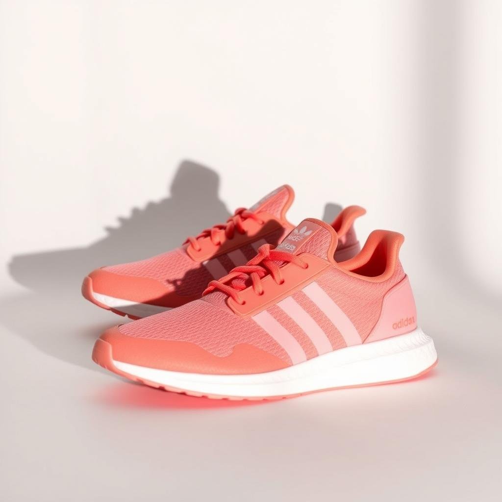 Adidas shoes in coral pink shade with warm orange undertones