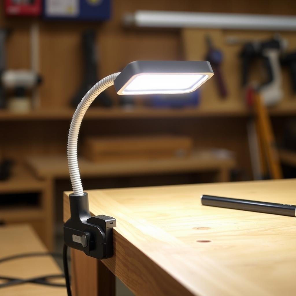 Adjustable clamp-on LED work light attached to workbench