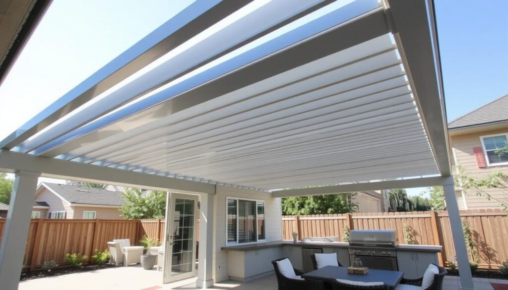 Adjustable louvered roof system over a patio with outdoor kitchen, louvers partially open to allow some light