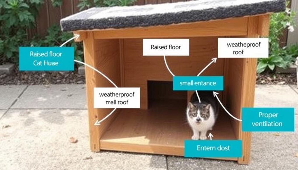 An outdoor cat house showing key features like raised floor, insulated walls, and small entrance