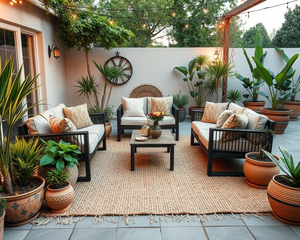 An outdoor living area with a large recycled material outdoor rug defining the seating space