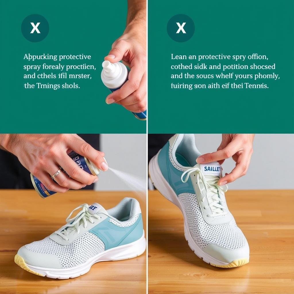 Applying protective spray to new tennis shoes