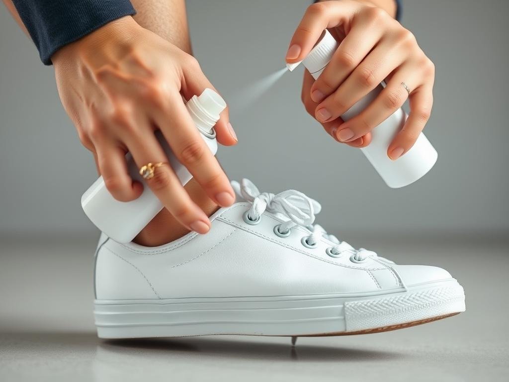 Applying protective spray to tennis shoes