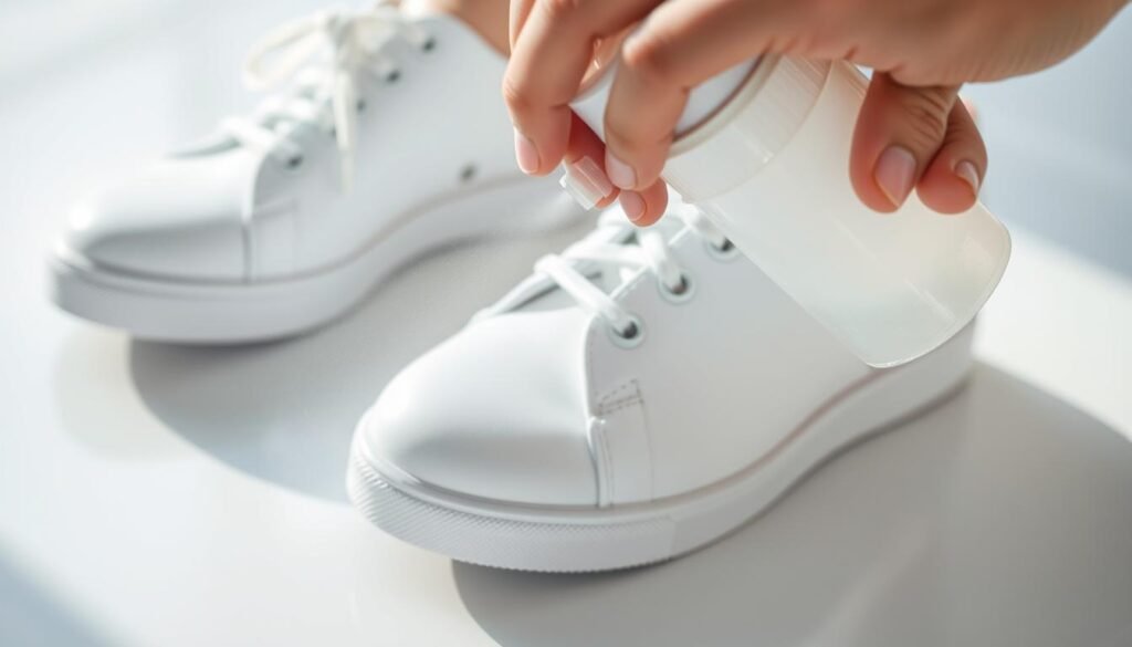 Applying protective spray to white shoes