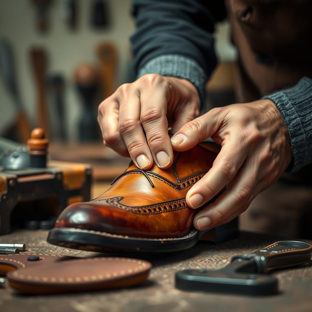 Artisan hand-stitching a designer leather shoe showing traditional craftsmanship