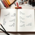 Artist sketching different types of shoes in a sketchbook with drawing materials