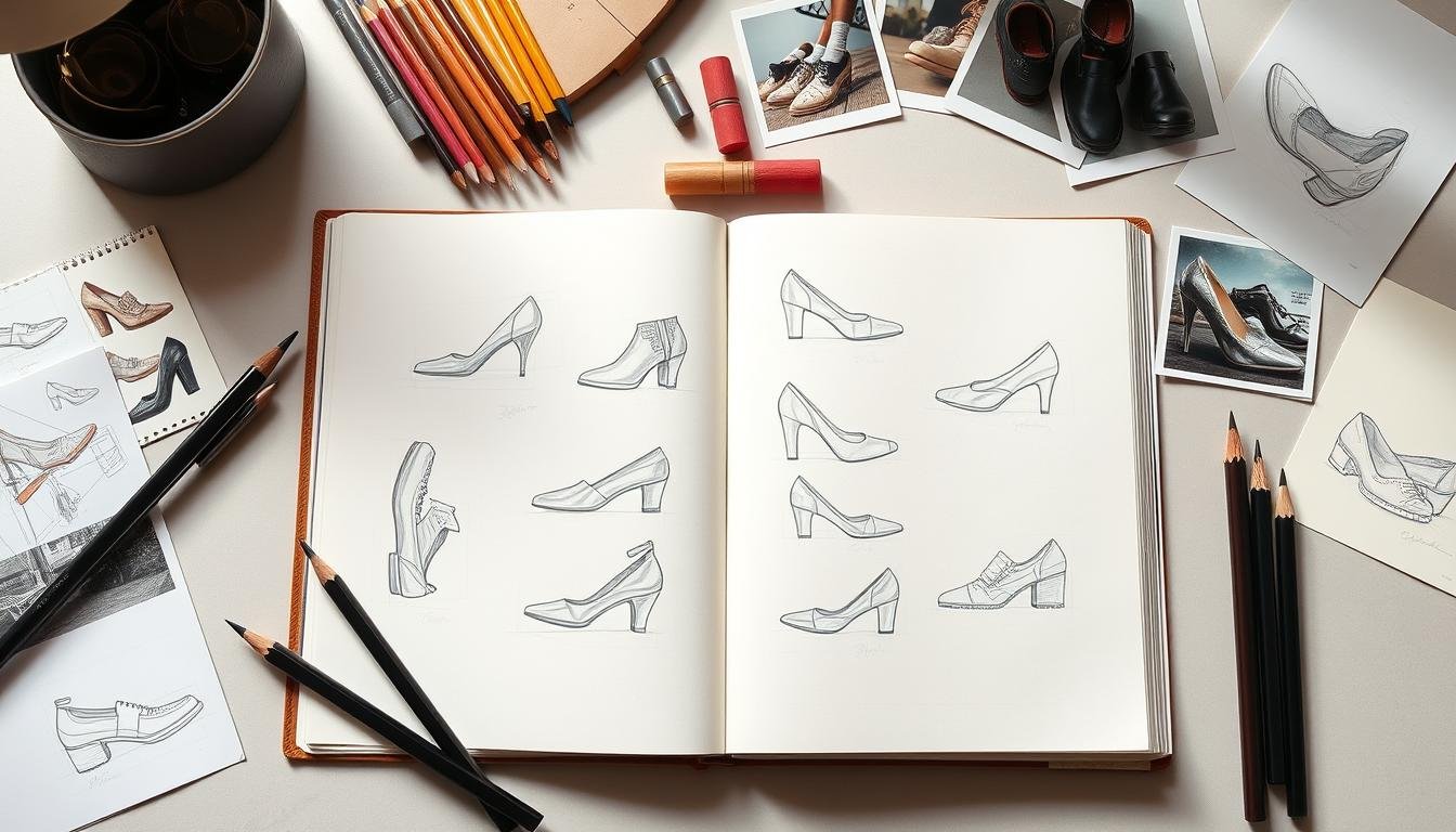Artist sketching different types of shoes in a sketchbook with drawing materials