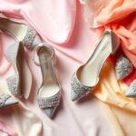 Assortment of elegant prom shoes including silver stilettos, rhinestone block heels, and embellished flats arranged with prom dresses