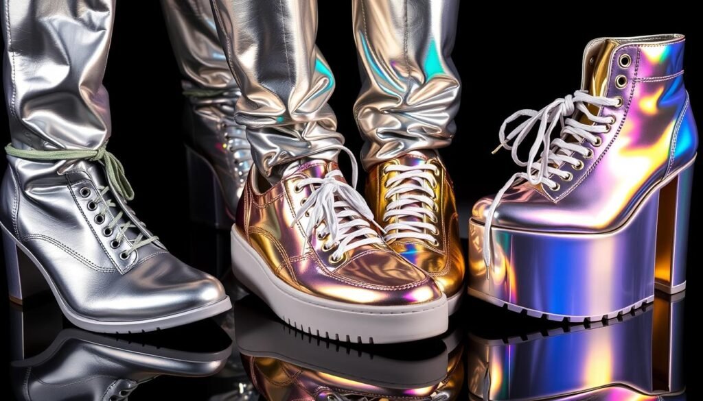 Assortment of metallic and holographic funky shoes catching light and creating rainbow reflections
