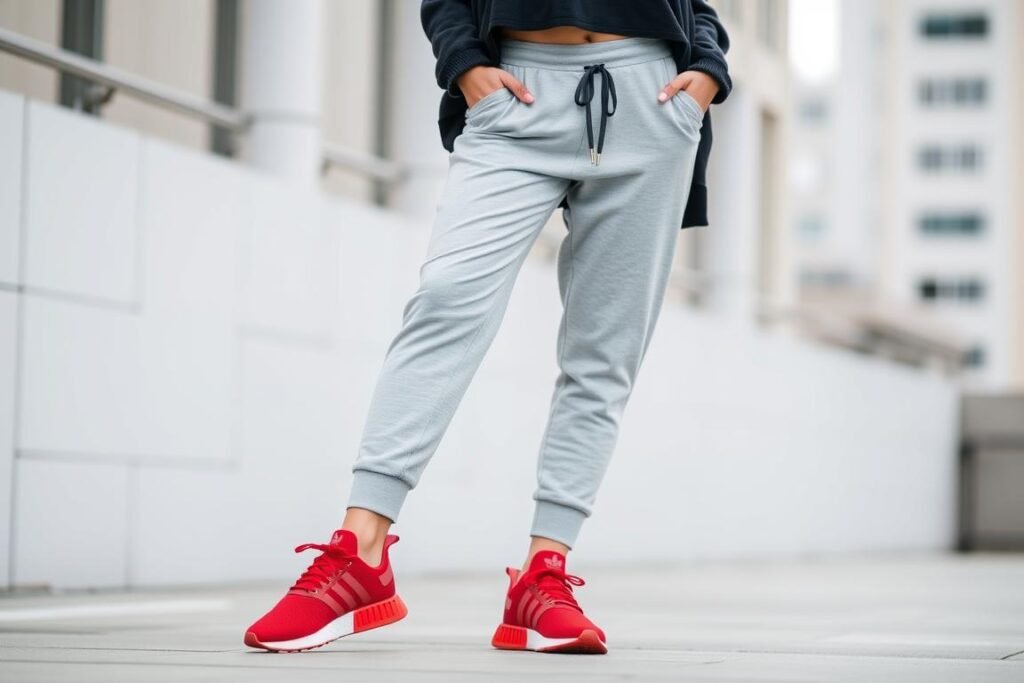 Athleisure outfit with red adidas shoes, gray joggers and crop top