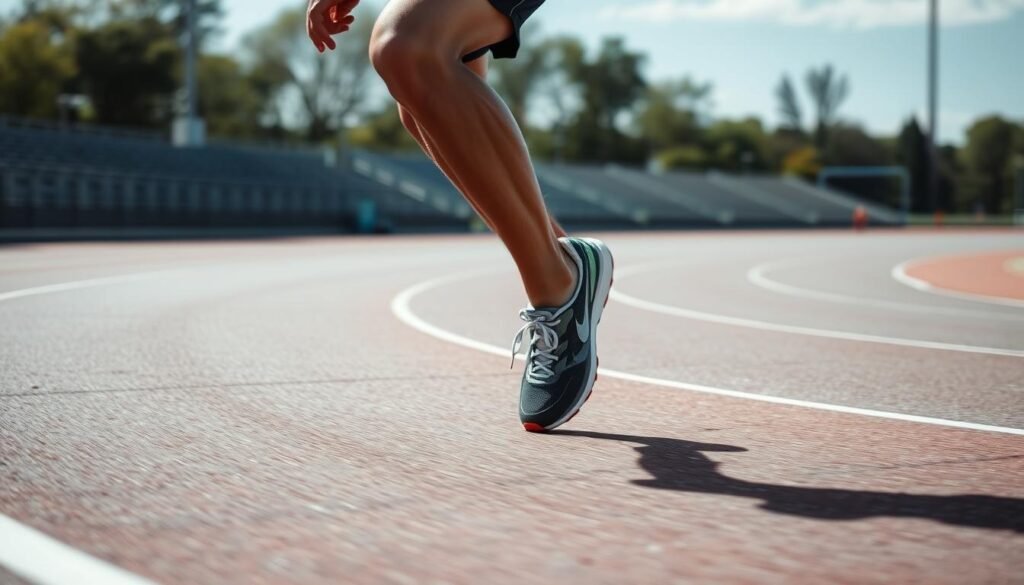 Athlete running on track wearing specialized track shoes showing proper form