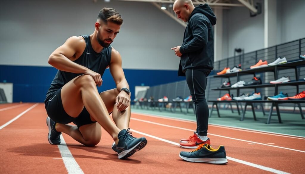 Athlete trying on track shoes with coach providing guidance