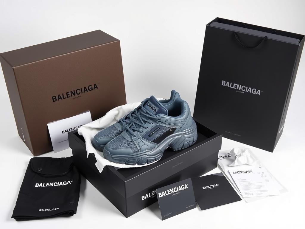 Authentic Balenciaga shoe packaging showing box, dust bags, and authentication cards