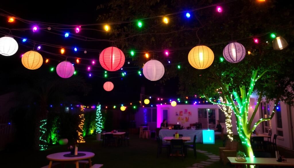 Backyard decorated with colorful festive lights for a celebration