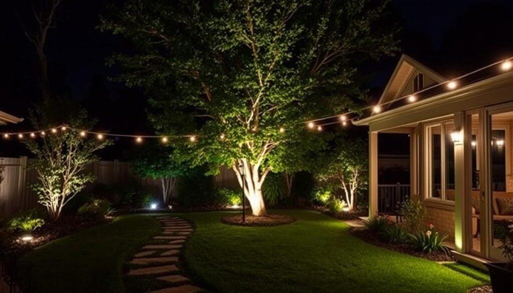 Backyard with layered lighting showing various techniques working together harmoniously