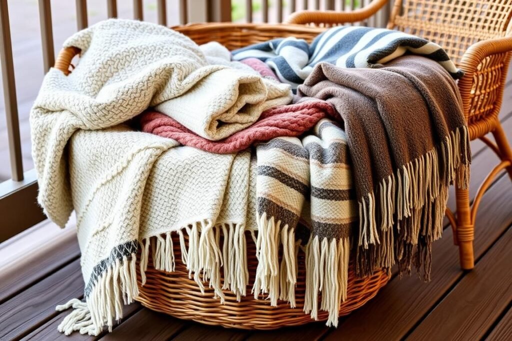 Basket of colorful boho blankets and throws on an outdoor patio