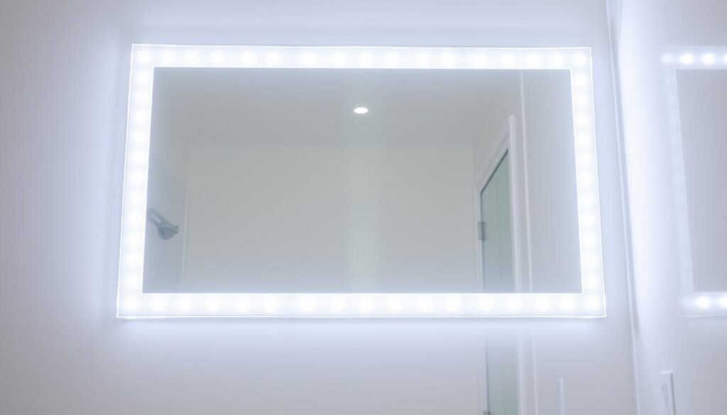 Bathroom mirror with LED strip lights around the perimeter