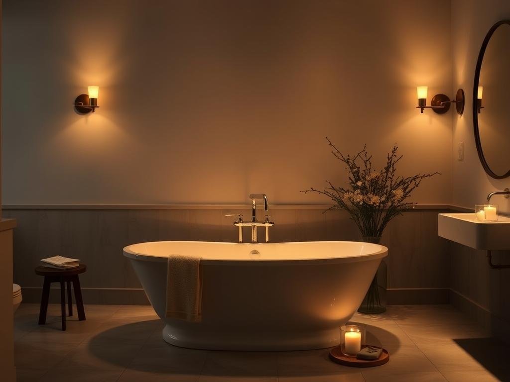 Bathroom with dimmed lighting creating spa-like atmosphere