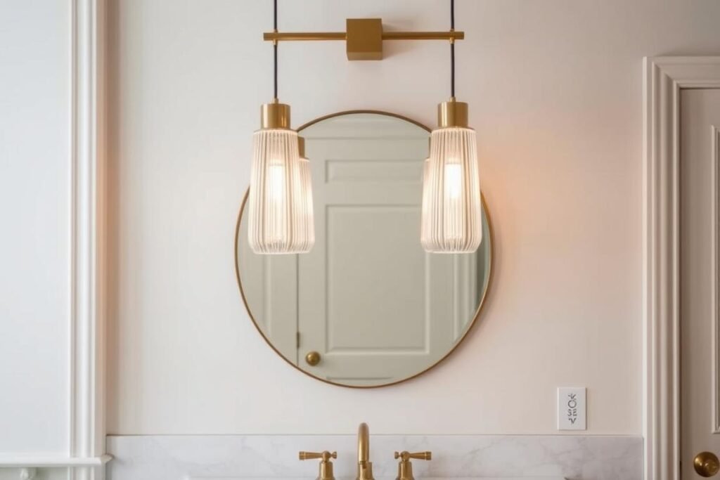 Bathroom with pendant lights hanging beside vanity mirror