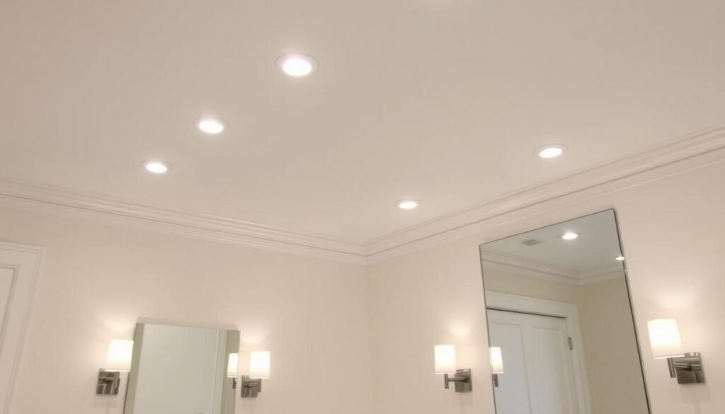 Bathroom with recessed lighting and vanity sconces