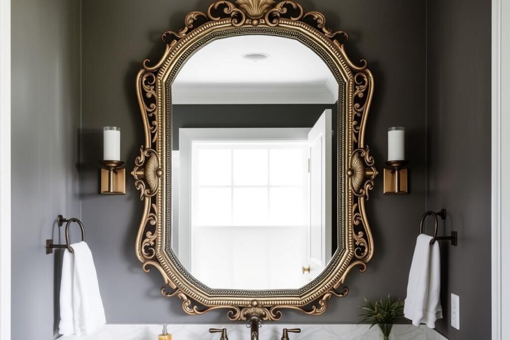 Bathroom with statement mirror as focal point and subtle lighting