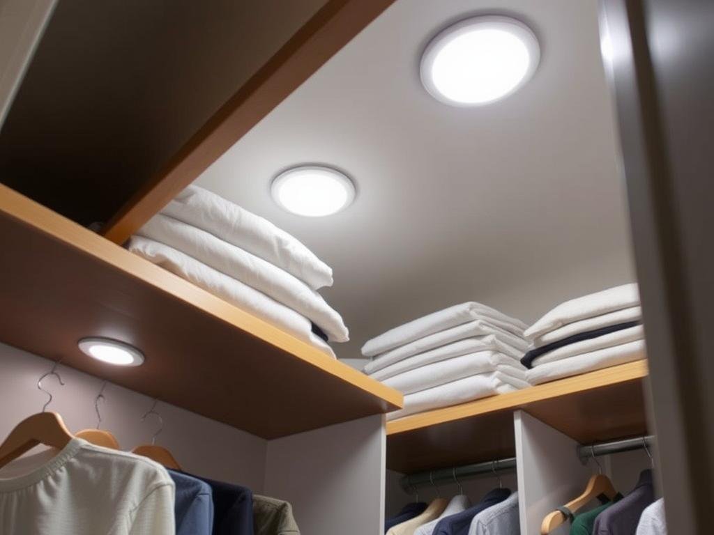 Battery-operated puck lights installed under closet shelves providing focused light on items below
