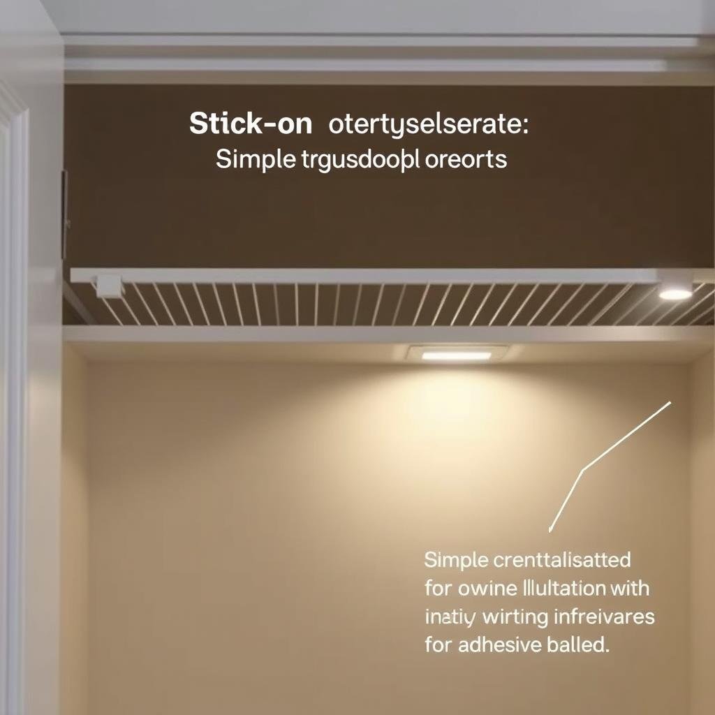 Battery-operated stick-on lights attached under closet shelves