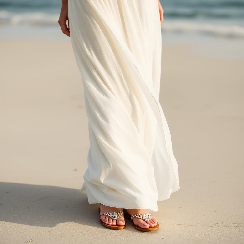 Beach wedding dress with flat embellished sandals