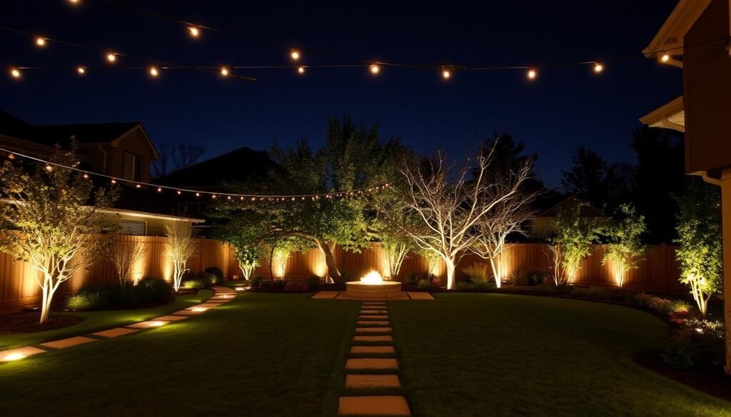 Beautiful backyard at night with multiple lighting elements creating layers of illumination