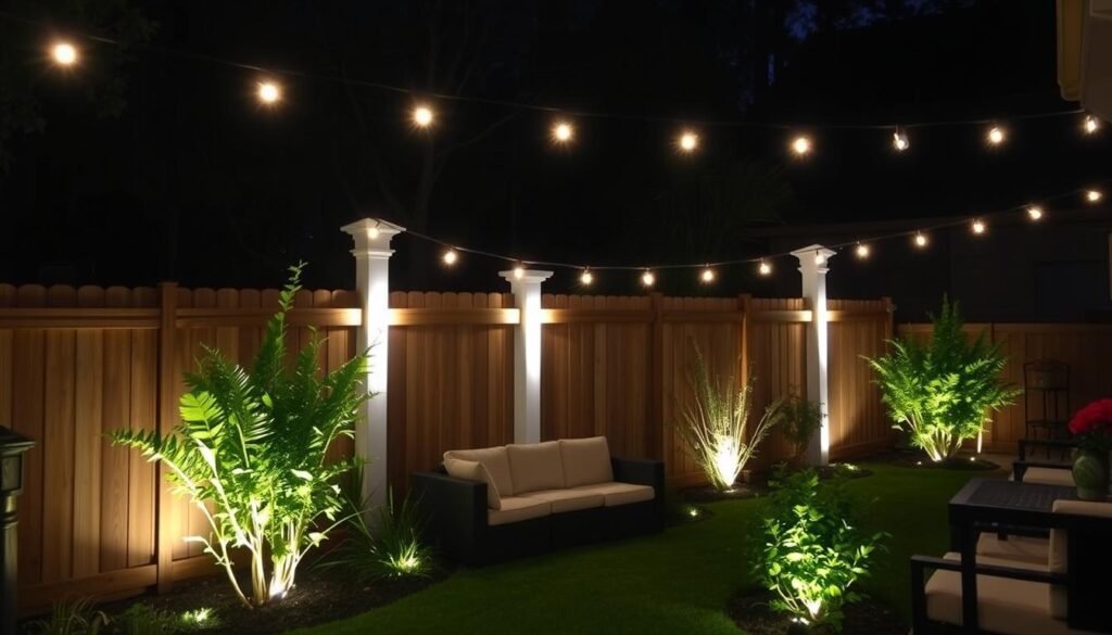 Beautiful backyard with various fence lighting techniques creating a magical evening atmosphere