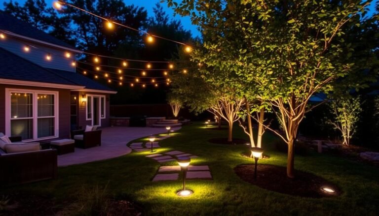 Beautiful backyard with various outdoor lighting ideas including string lights and pathway lighting