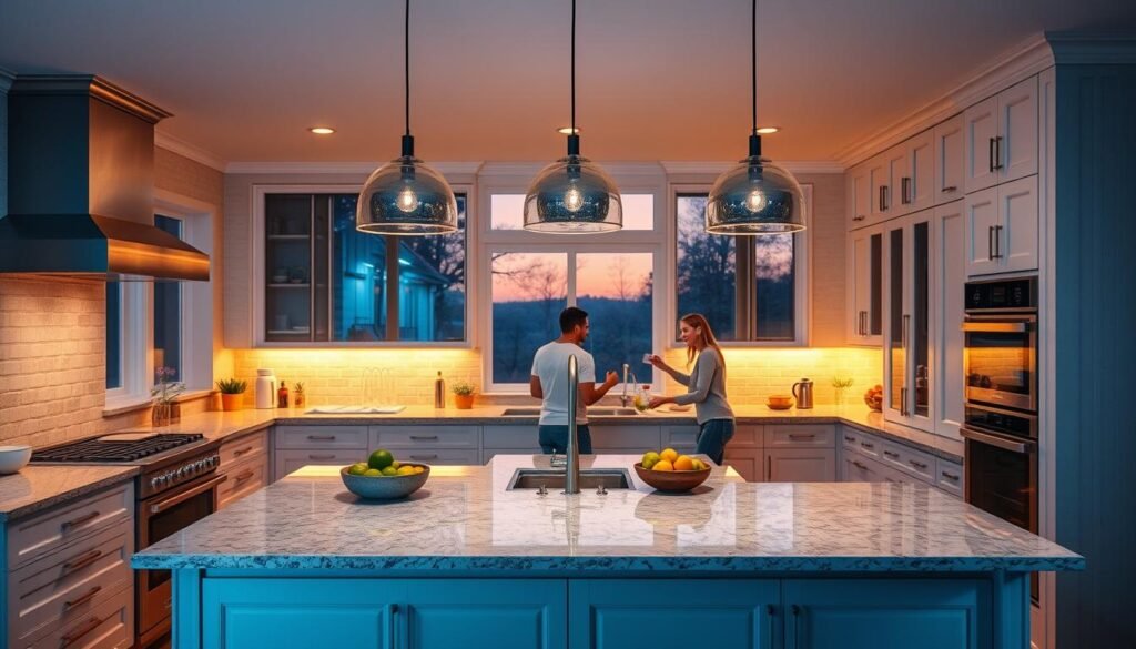 Beautiful kitchen with perfect island lighting creating warm ambiance