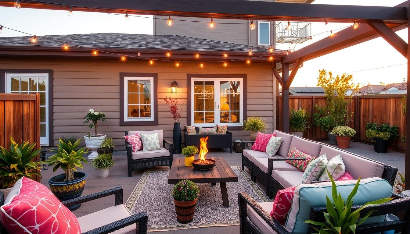 Beautiful outdoor patio with comfortable seating, string lights, and potted plants creating a cozy atmosphere