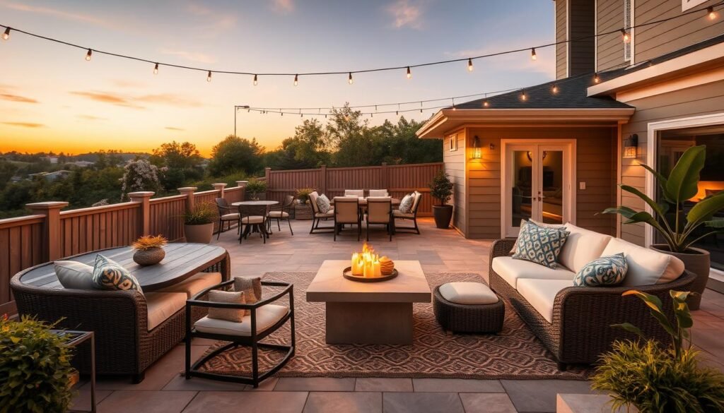 Beautiful outdoor patio with complete furniture set including dining area, lounge space, and decorative elements at sunset