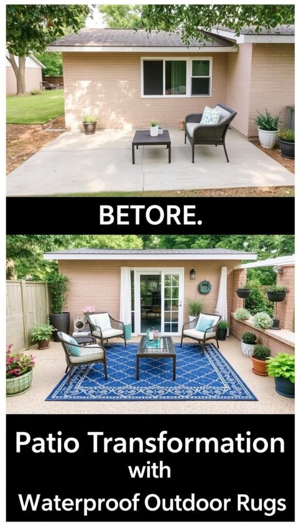 Beautiful patio transformation with waterproof outdoor rug before and after
