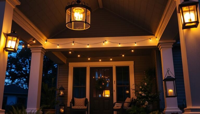 Beautiful porch with multiple lighting elements including pendant lights, string lights, and lanterns creating a warm, inviting atmosphere at dusk