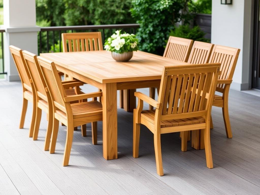 Beautiful teak wood outdoor dining set with chairs on a patio