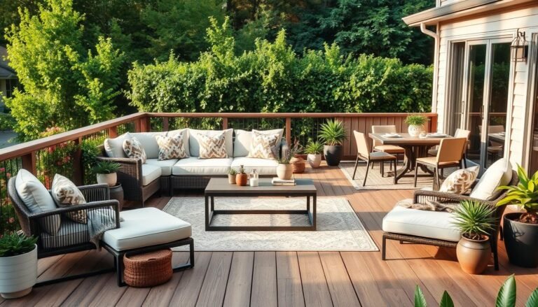 Beautifully arranged outdoor patio furniture set with comfortable seating, dining area, and decorative elements on a wooden deck surrounded by greenery