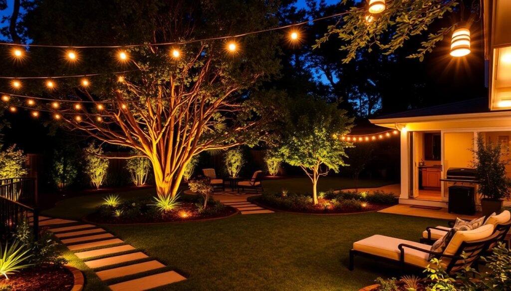 Beautifully lit backyard at night with multiple lighting techniques creating a magical outdoor retreat