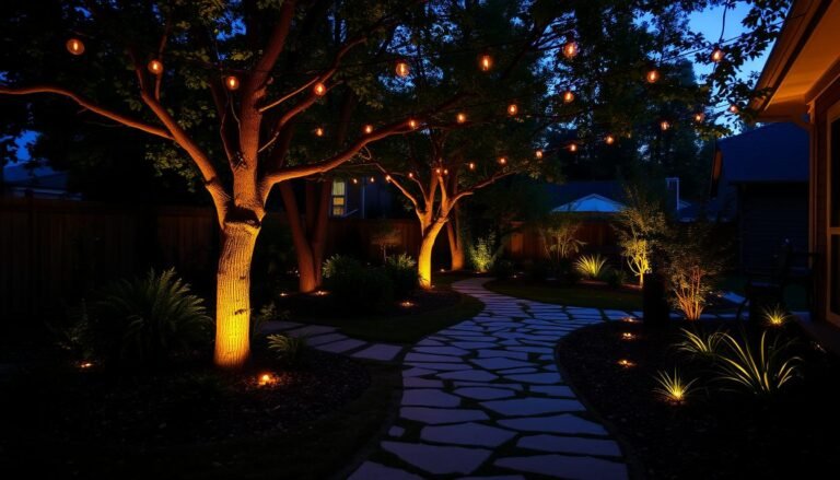 Beautifully lit backyard with string lights and pathway lighting creating a warm ambiance