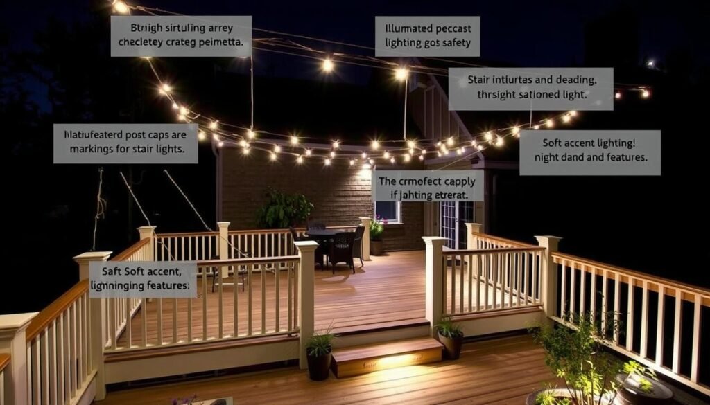 Beautifully lit deck at night showcasing multiple lighting techniques Beautifully lit deck at night showcasing multiple lighting techniques